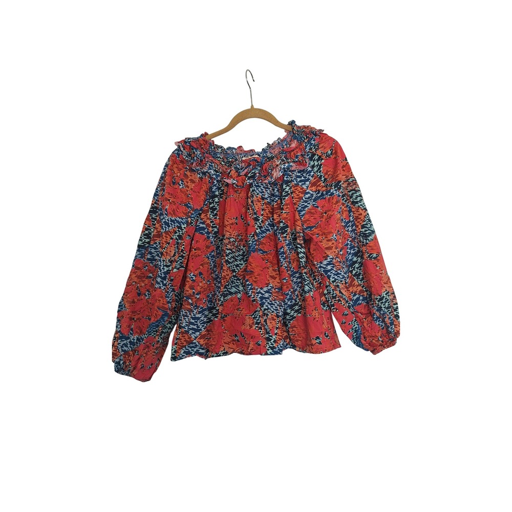 Ulla Johnson Floral Houndstooth Ruffle Neck Puff Sleeve Blouse Red Blue Orange